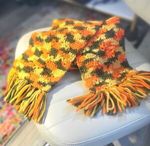 Vintage Retro 70s Handcrafted Chunky Crochet Green Orange Yellow Cozy Boho Scarf